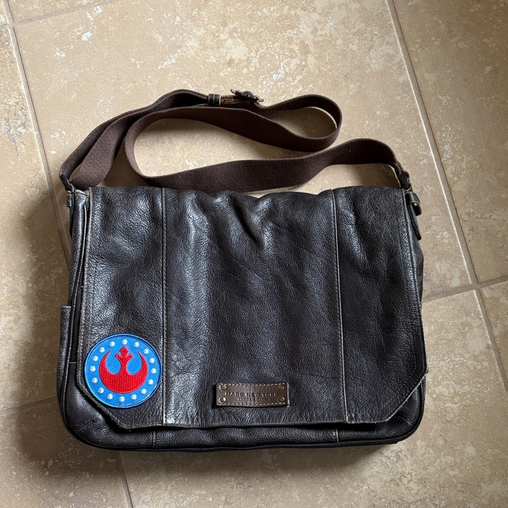 Brown Leather Messenger Bag with Patch